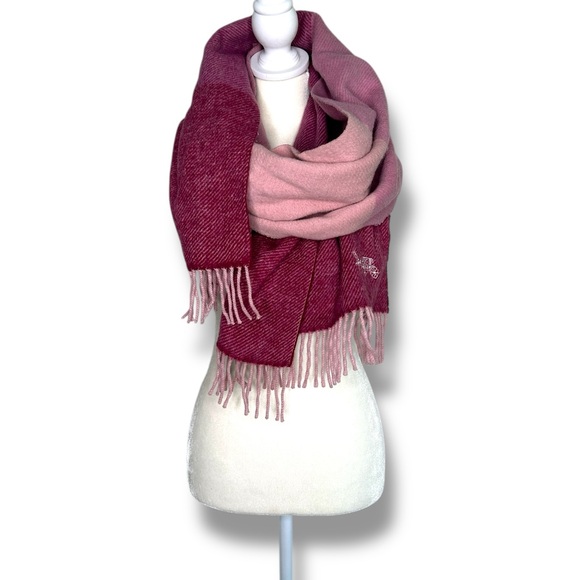 Coach Soft Wool Oversized Stripped Herringbone Fringe Pink Scarf A-27 - Picture 1 of 15